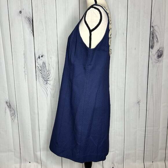 Lilly Pulitzer Suzette Shift Dress Size 12 True Navy Gold Trim Detail V-Neck - Picture 6 of 13